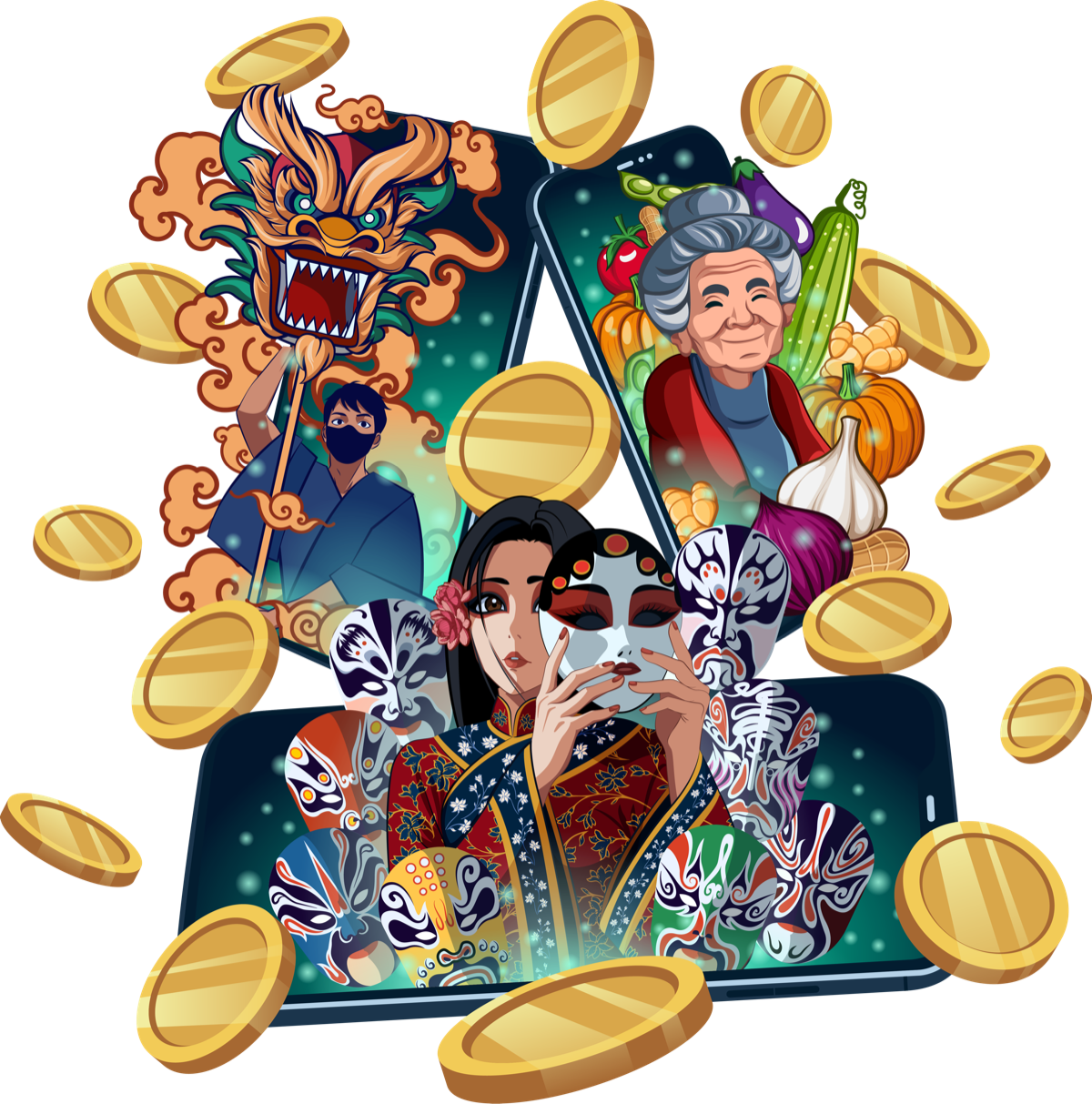 ScratchMania game characters bursting from a tablet with gold coins